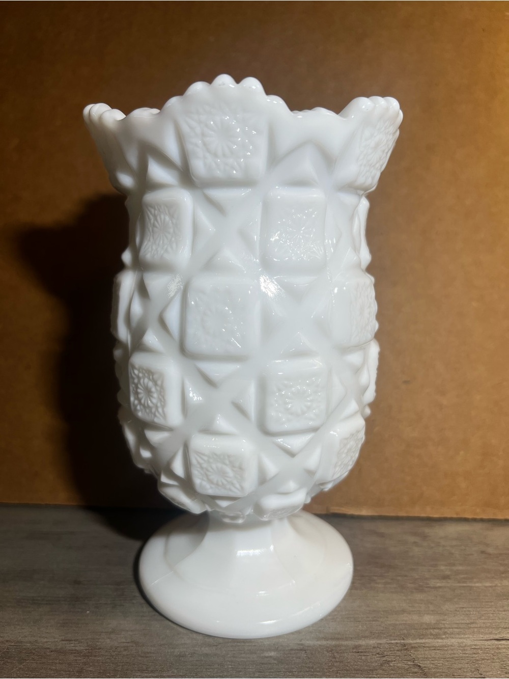 Vintage Westmoreland Milk Glass Old Quilt Pattern, Footed 6.5” Vase